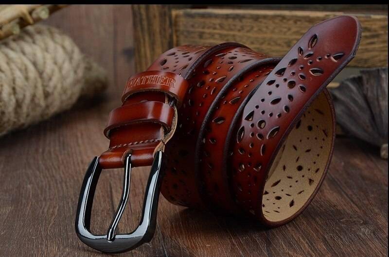 COWATHER New 2019 genuine leather jeans belts for Women Hollow pressed flower luxury strap female belt Gun gray buckle