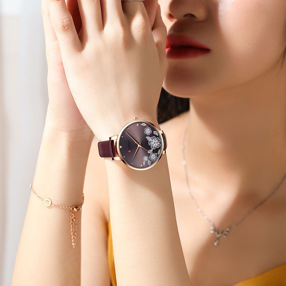 CURREN Watches Women Brand Leather Quartz Wristwatches Luxury Design Clock for Ladies Charm Flowers Dial Montre Femme