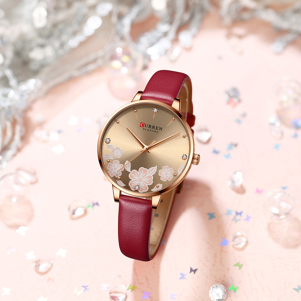 CURREN Watches Women Brand Leather Quartz Wristwatches Luxury Design Clock for Ladies Charm Flowers Dial Montre Femme