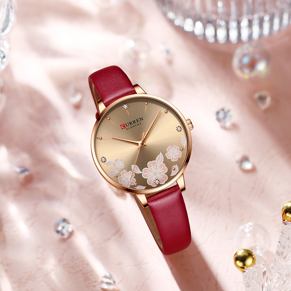 CURREN Watches Women Brand Leather Quartz Wristwatches Luxury Design Clock for Ladies Charm Flowers Dial Montre Femme
