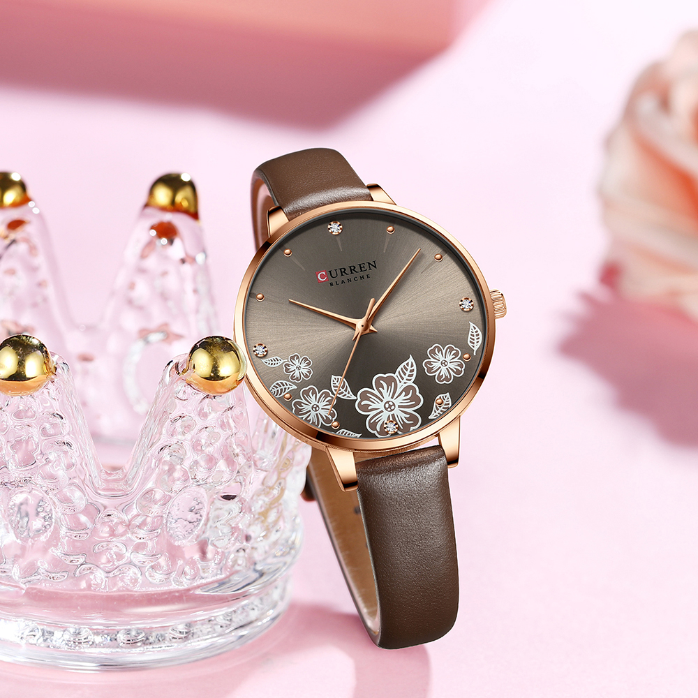 CURREN Watches Women Brand Leather Quartz Wristwatches Luxury Design Clock for Ladies Charm Flowers Dial Montre Femme