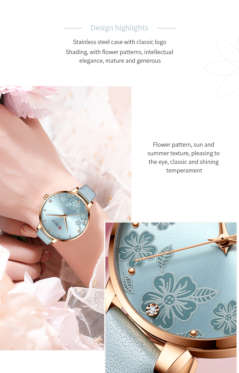CURREN Watches Women Brand Leather Quartz Wristwatches Luxury Design Clock for Ladies Charm Flowers Dial Montre Femme