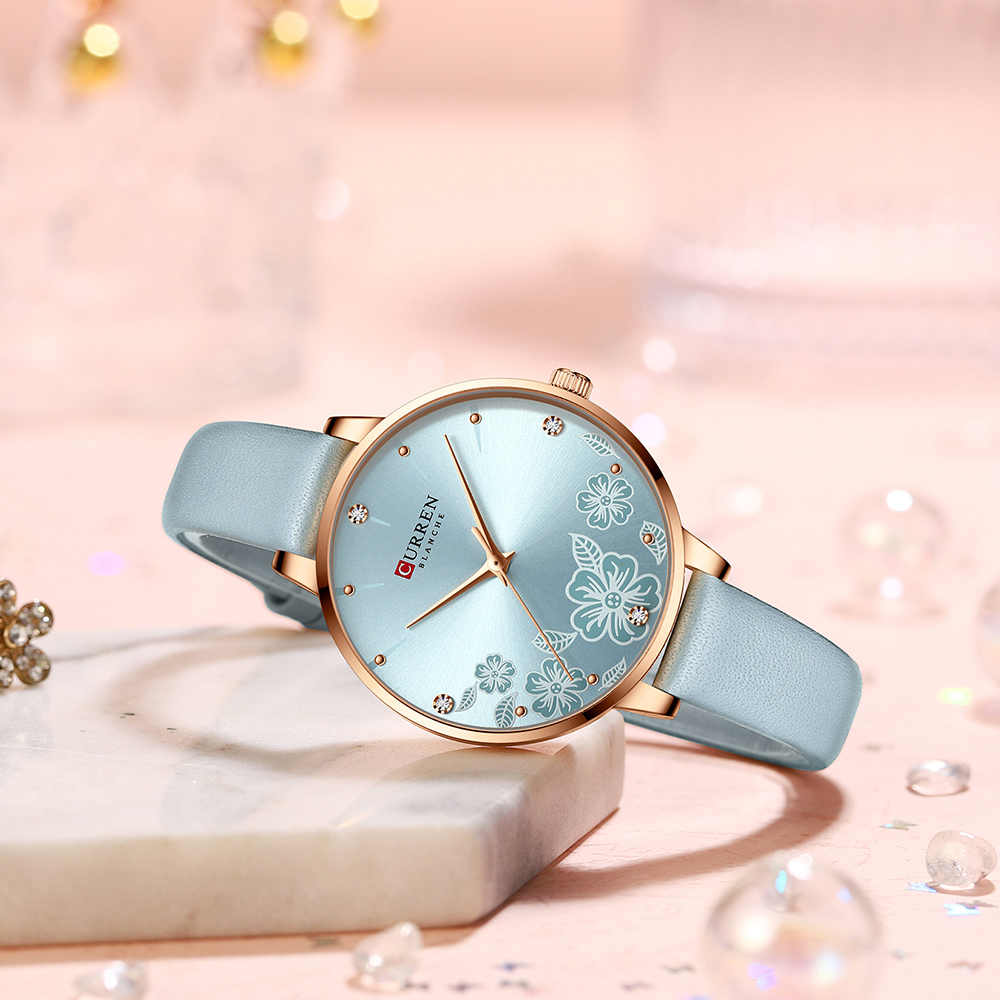 CURREN Watches Women Brand Leather Quartz Wristwatches Luxury Design Clock for Ladies Charm Flowers Dial Montre Femme