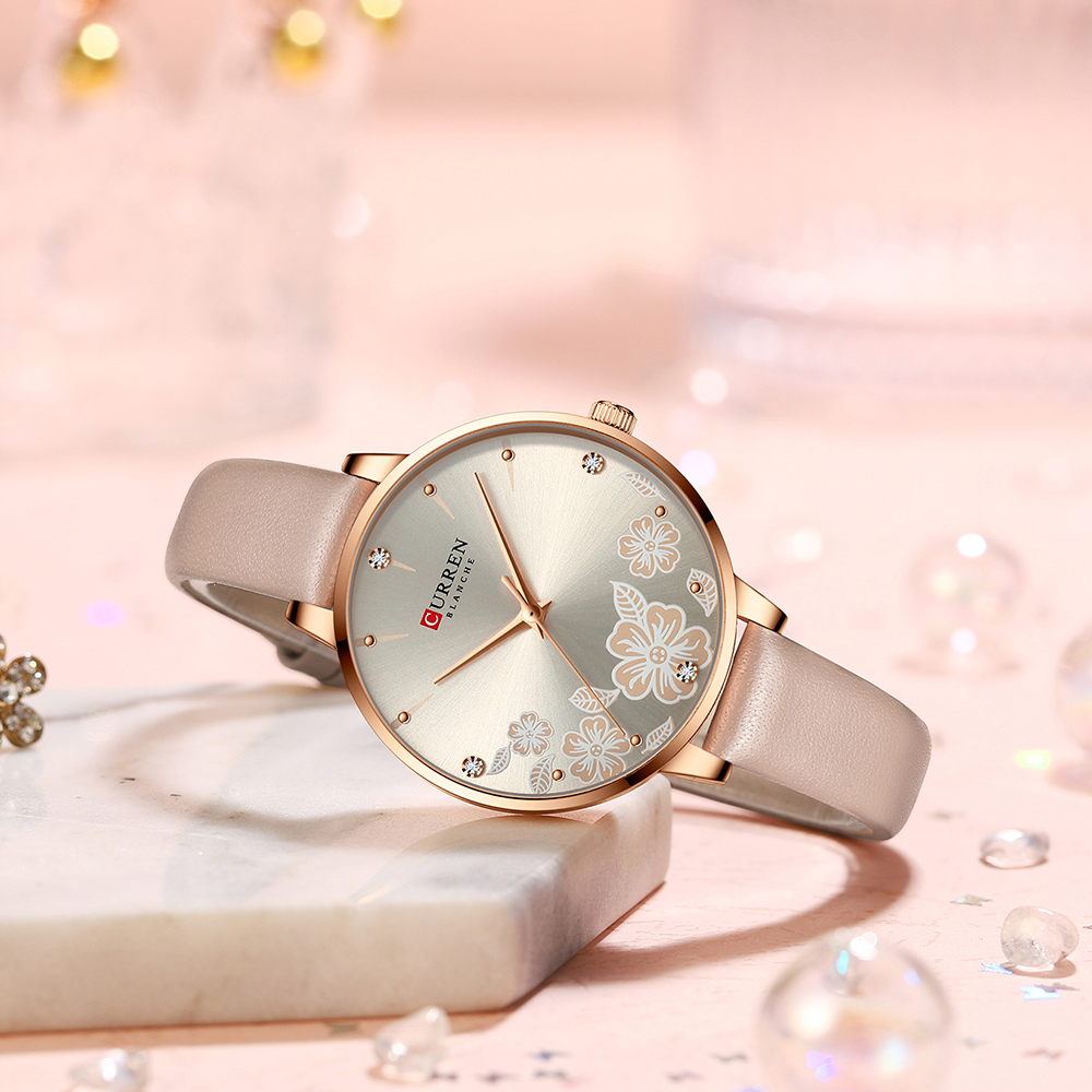CURREN Watches Women Brand Leather Quartz Wristwatches Luxury Design Clock for Ladies Charm Flowers Dial Montre Femme