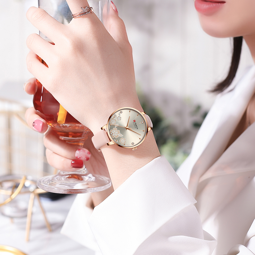 CURREN Watches Women Brand Leather Quartz Wristwatches Luxury Design Clock for Ladies Charm Flowers Dial Montre Femme