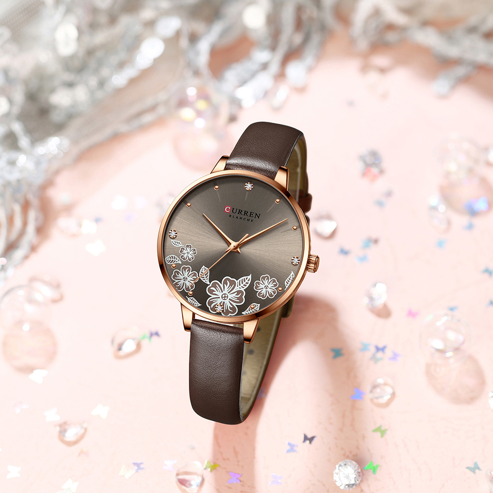 CURREN Watches Women Brand Leather Quartz Wristwatches Luxury Design Clock for Ladies Charm Flowers Dial Montre Femme