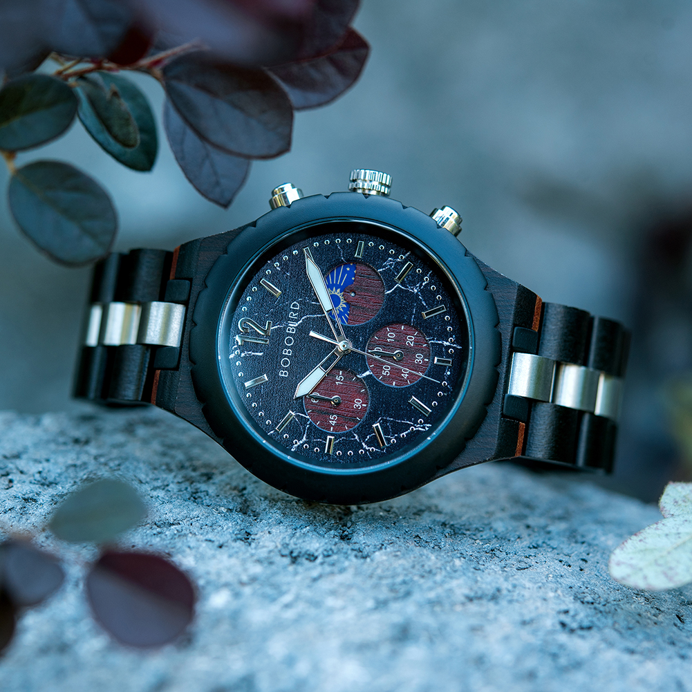 BOBO BIRD Watch Men Wood and Stainless Steel Combined Luxury Quartz Wristwatch Moon Phase Auto Date Chronograph Watches for Man