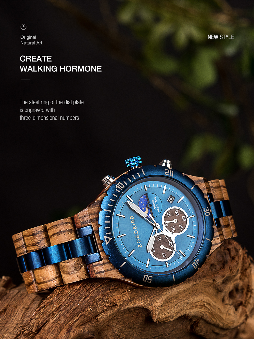BOBO BIRD Watch Men Wood and Stainless Steel Combined Luxury Quartz Wristwatch Moon Phase Auto Date Chronograph Watches for Man