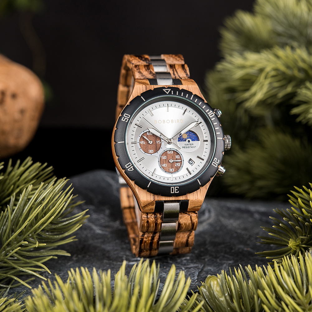 BOBO BIRD Watch Men Wood and Stainless Steel Combined Luxury Quartz Wristwatch Moon Phase Auto Date Chronograph Watches for Man
