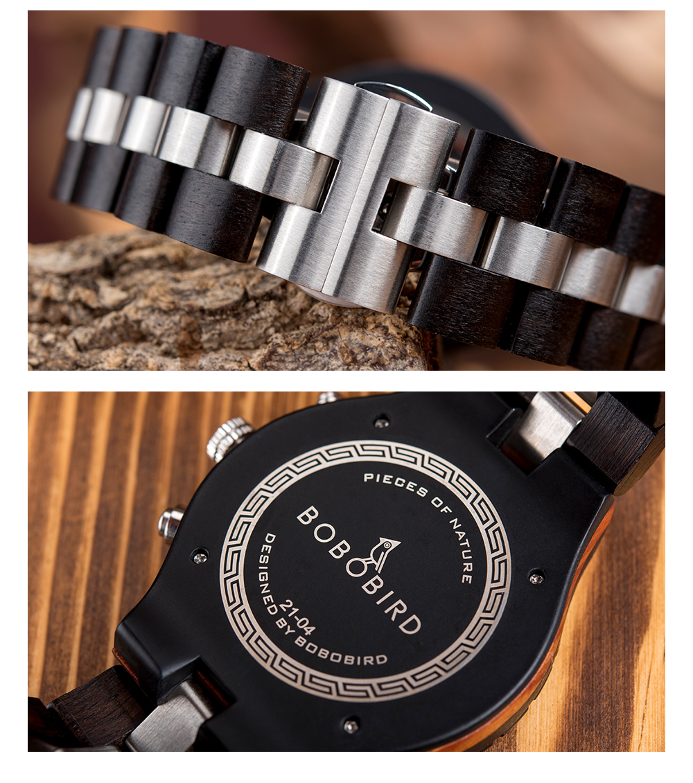BOBO BIRD Watch Men Wood and Stainless Steel Combined Luxury Quartz Wristwatch Moon Phase Auto Date Chronograph Watches for Man